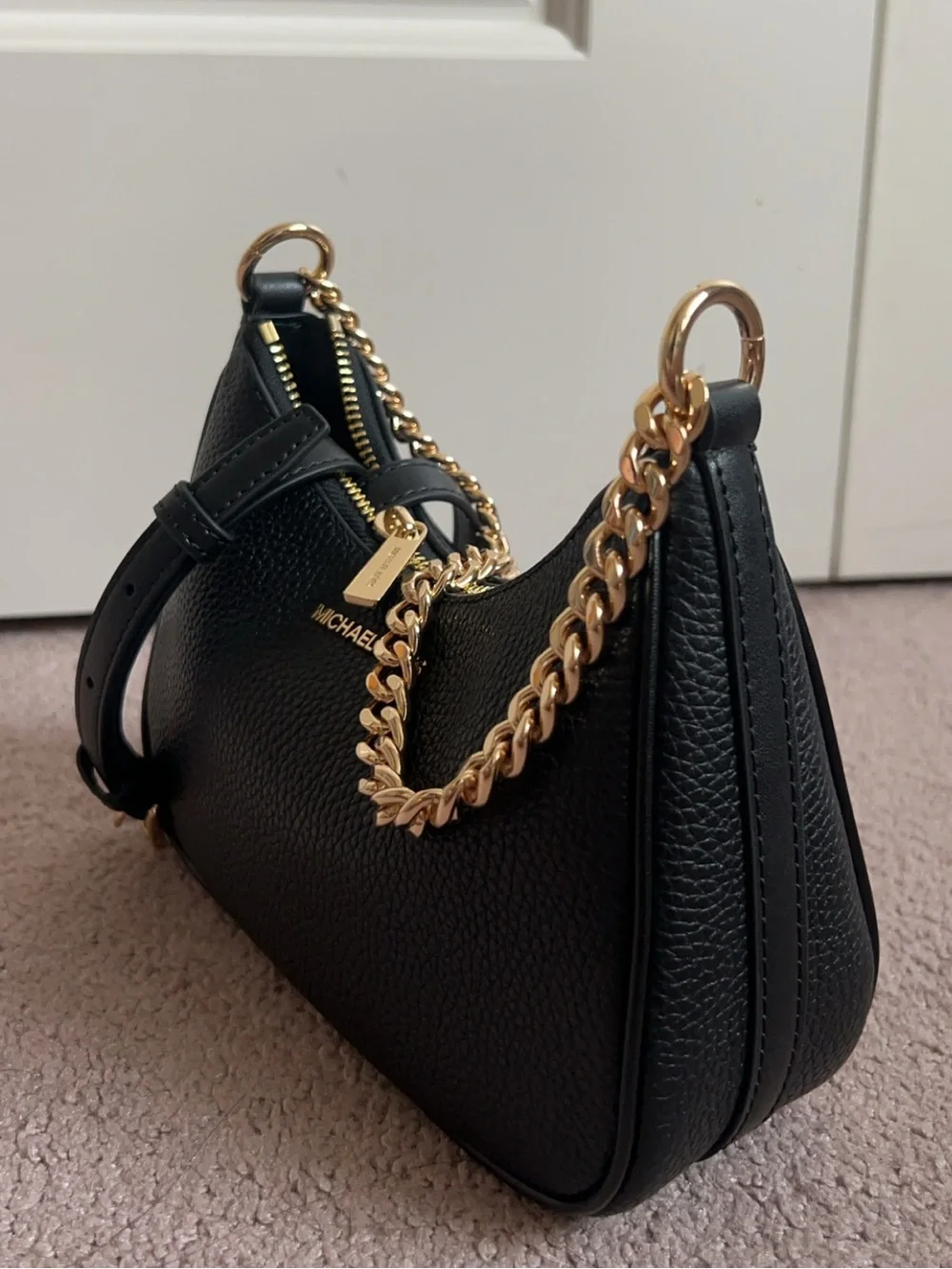 Michael Kors Black Leather Crossbody with Gold Chain